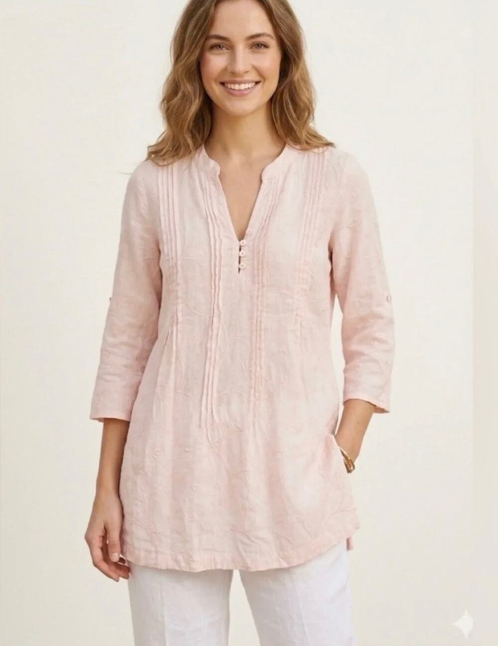 Saint Tropez West Light Pink 100% Linen Embroidered Tunic Blouse V-Neck Size L